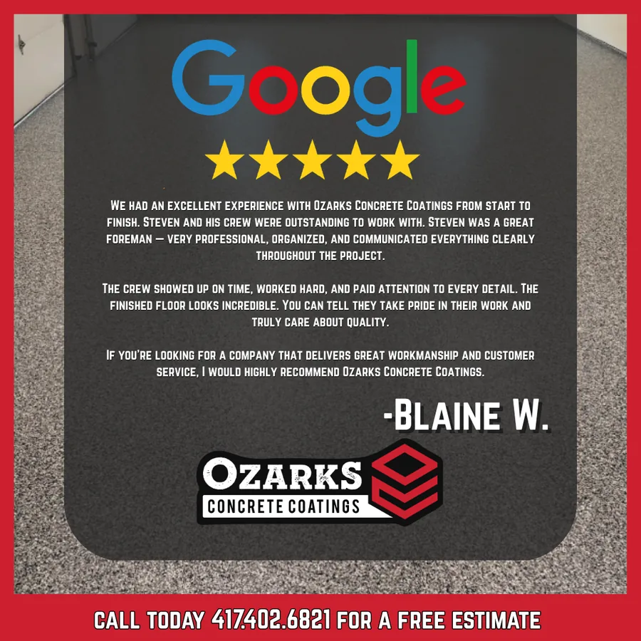 5-star Google review from Blaine W. for Ozarks Concrete Coatings